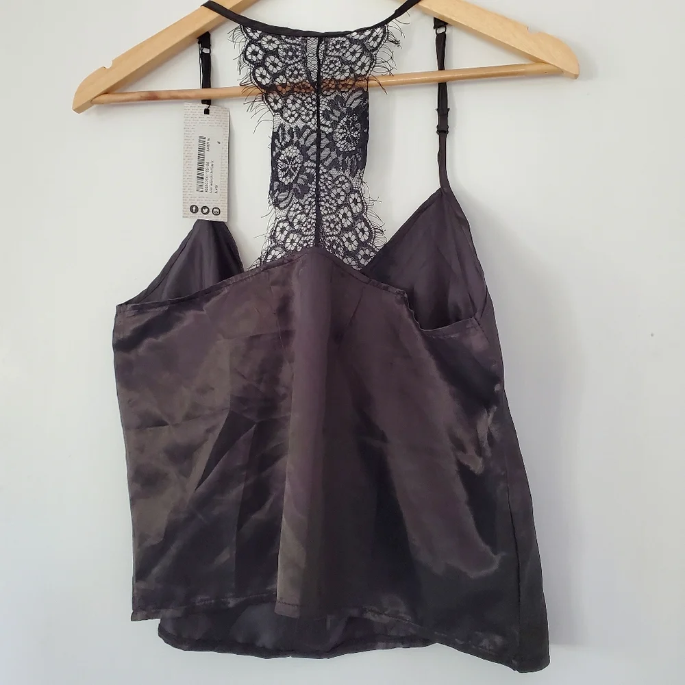 NWT NASTY GAL Sz M Black Silky Cami Top Spaghetti Straps Eyelash Lace T-Back Y2K - Picture 14 of 16
